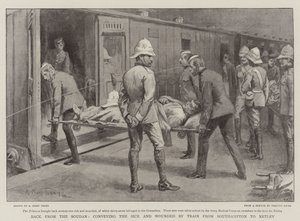Terug uit de Soedan, het vervoeren van zieken en gewonden per trein van Southampton naar Netley door Arthur Kemp Tebby